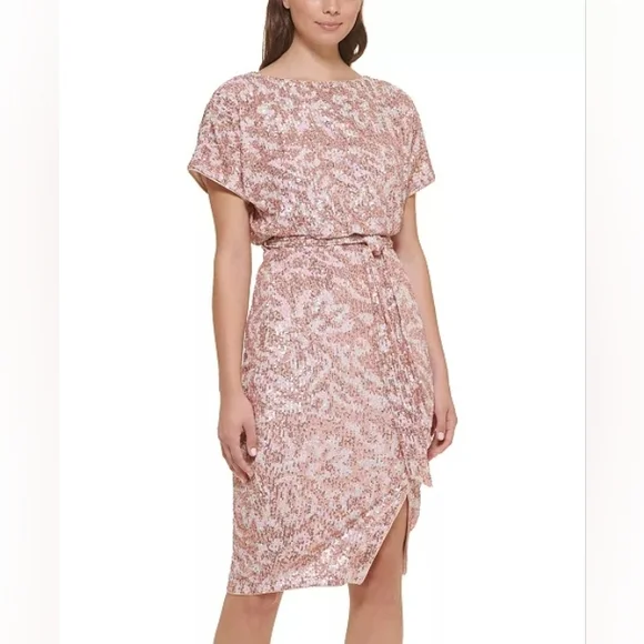 NWT Kensie Sequin Boat-Neck Tie-Waist Sheath Dress - Picture 3 of 8